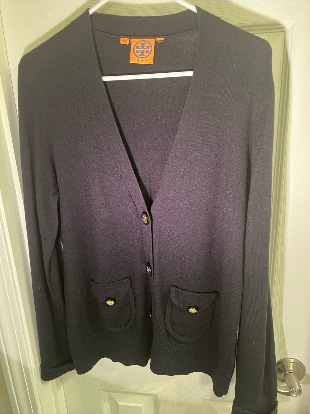 Tory Burch Cashmere Black V-Neck Gold Button Cardigan Women’s Sz L Chest 44”